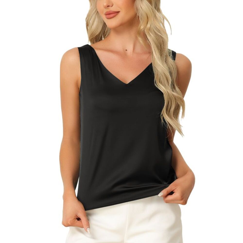 Women Satin Tank Top Silky Casual Basic V Neck Sleeveless Blouse Black